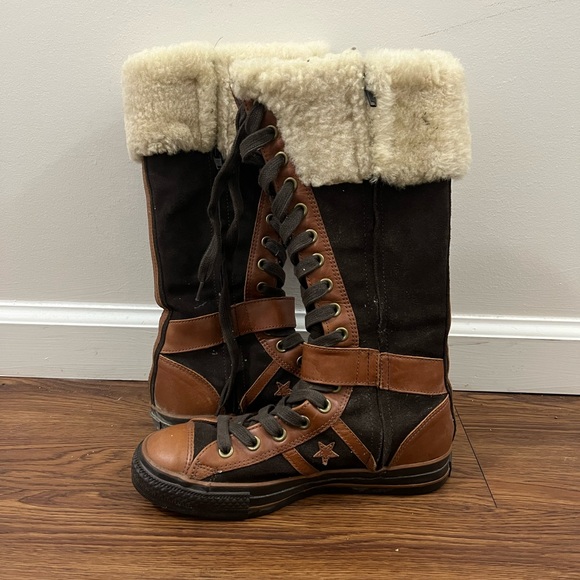 EUC Converse All Star Brown Leather Faux Fur Lace Up  Boots Size 8.5 US - Picture 2 of 5